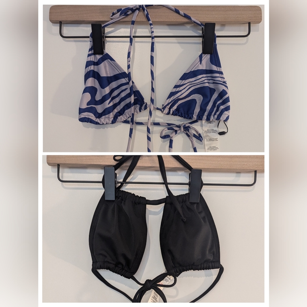 NASTY GAL Purple Blue Wild Print Triangle Top; Black Tie Halter SET OF 2 Size 0